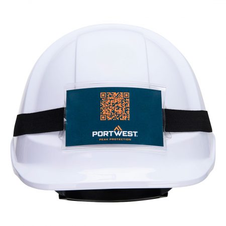 Helmet badge holder for universal use, featuring an elastic fabric strap with anti-slip silicone stripes​ at the back that hold the strap securely in place on any helmet shell​. Flexible badge holder sleeve to fit ID card in business card size to clearly indicate a site workers' identity.
