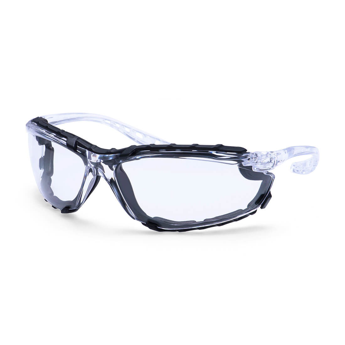 Super lightweight and durable glasses with sleek design. Additional removable inner gasket for additional shock protection, very helpful also when working in dusty environments. Slim side arms allow good compatibility with earmuffs. Metal-free style.